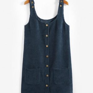 Button Front Pockets Corduroy Pinafore Dress