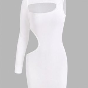 Mock Neck Cutout Velvet One Sleeve Slinky Dress