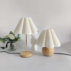 INS Style Wood + Fabric Skirt-Like White Linen Round Bedside Table Lamp Suitable For Family Bedroom Decorati