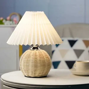 Vintage Rattan Table Lamp Nordic Pleated Table Lamp for Living Room Study Bedside Lamp Table Decor Light