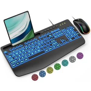 Wired Keyboard And Mouse Combo, Large Print Backlit Keyboard With Wrist Rest And 7-Color Backlit, Lighted Computer Keyboards Easy To See, Light Up Usb Keyboard Mouse Combo For Pc, Windows, Laptop