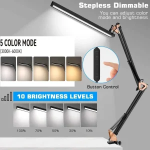 Long Arm LED Desk Lamp with Clamp Foldable and Adjustable Dimmable Eye Caring Light 3 Color Modes for Study Reading Office